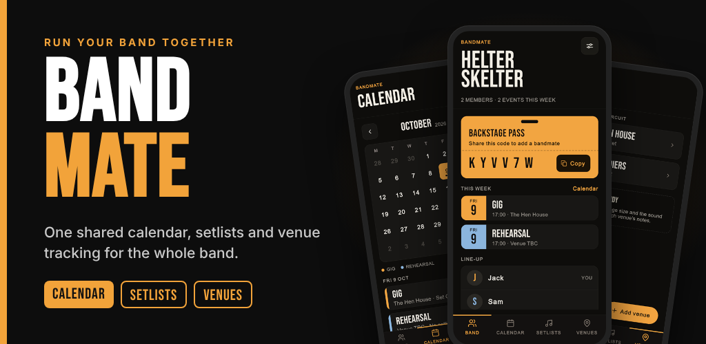 BandMate: phone screens showing a band's shared calendar, a backstage pass invite code and this week's gig and rehearsal