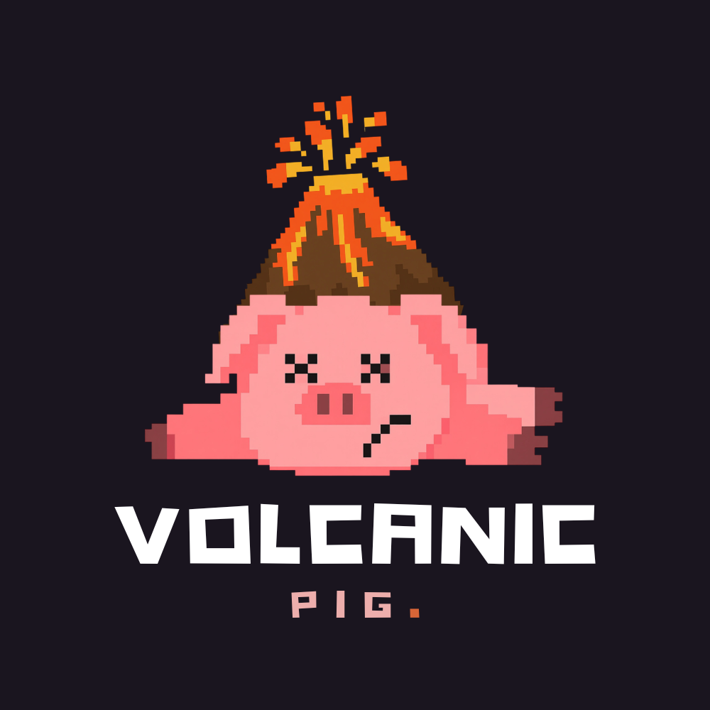 Volcanic Pig logo: a pixel-art pig flopped on the ground with an erupting volcano on its back