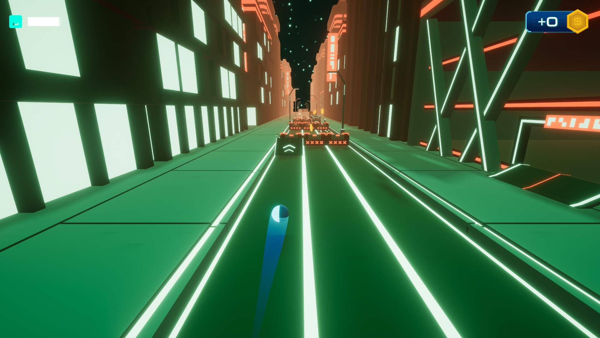 Neon Roller: a glowing ball rolls down a green neon track between towering city buildings