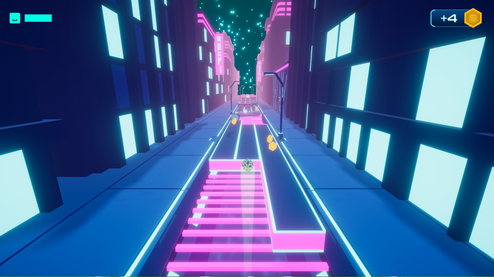 Neon Roller screenshot: a ball heading up pink neon stairs in a blue night city