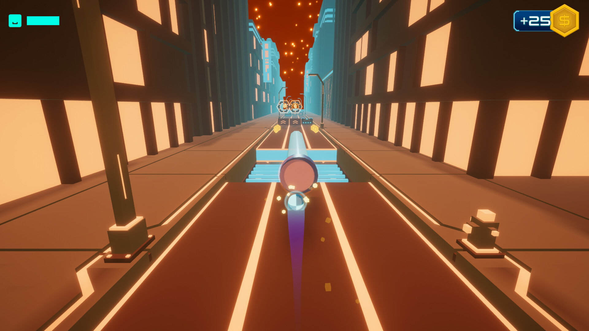 Neon Roller screenshot: rolling down an orange sunset street between tall buildings